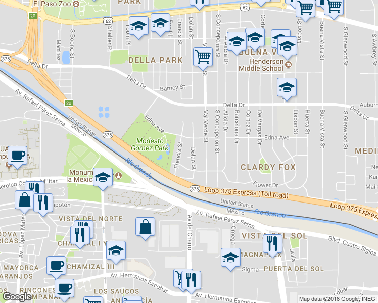 map of restaurants, bars, coffee shops, grocery stores, and more near 623 Dolan Street in El Paso