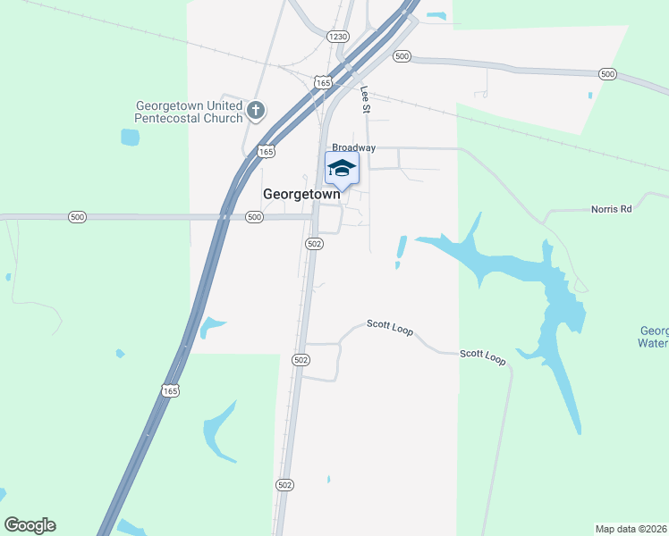 map of restaurants, bars, coffee shops, grocery stores, and more near Highway 502 in Georgetown