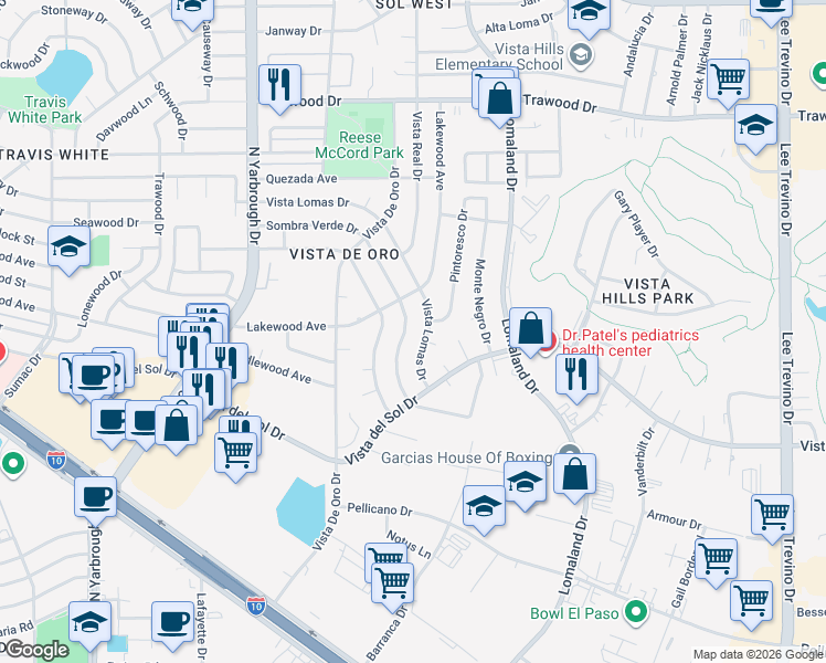 map of restaurants, bars, coffee shops, grocery stores, and more near 10817 Sombra Verde Drive in El Paso