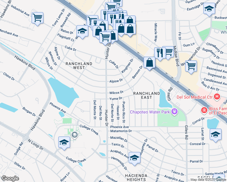 map of restaurants, bars, coffee shops, grocery stores, and more near 7503 Wilcox Drive in El Paso