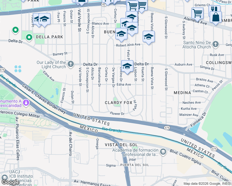 map of restaurants, bars, coffee shops, grocery stores, and more near 620 De Vargas Drive in El Paso