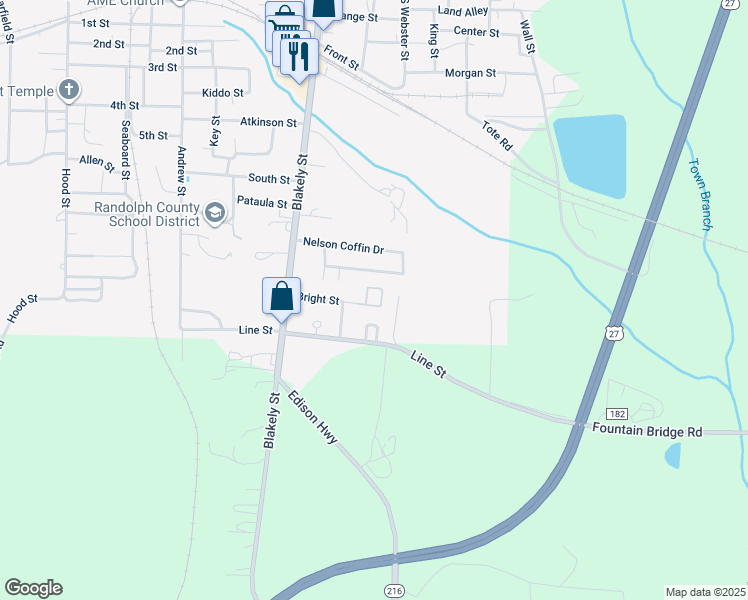 map of restaurants, bars, coffee shops, grocery stores, and more near 170 Bright Street in Cuthbert