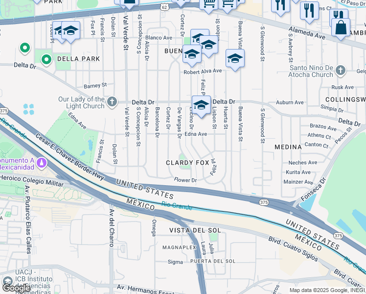 map of restaurants, bars, coffee shops, grocery stores, and more near 620 De Vargas Drive in El Paso