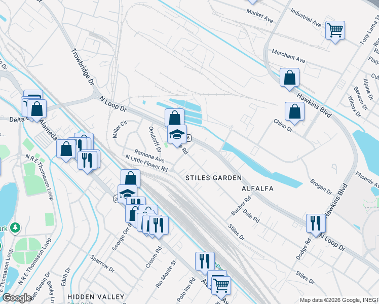 map of restaurants, bars, coffee shops, grocery stores, and more near 7113 Dale Road in El Paso