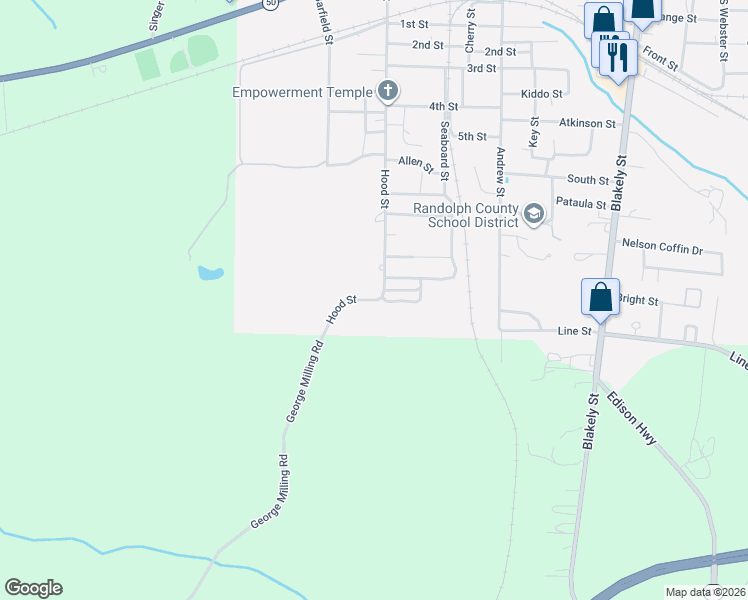 map of restaurants, bars, coffee shops, grocery stores, and more near 59 Hood Street in Cuthbert