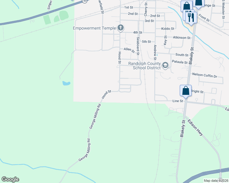 map of restaurants, bars, coffee shops, grocery stores, and more near 59 Hood Street in Cuthbert