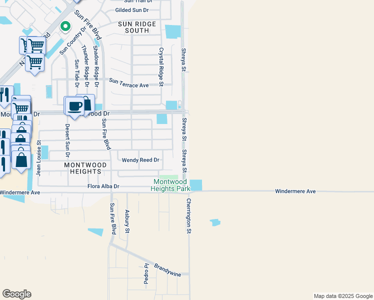 map of restaurants, bars, coffee shops, grocery stores, and more near 1824 Shreya Street in El Paso