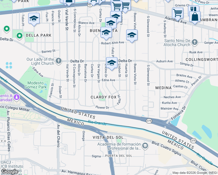 map of restaurants, bars, coffee shops, grocery stores, and more near 620 Encino Drive in El Paso