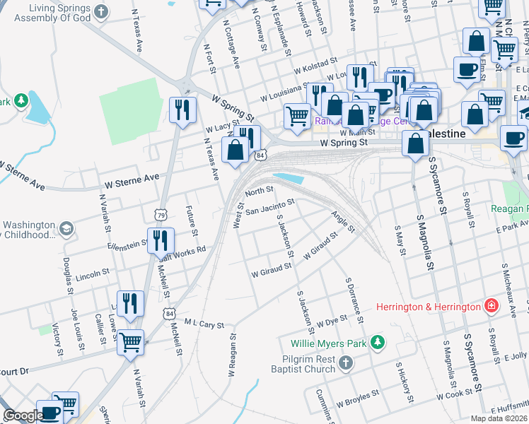 map of restaurants, bars, coffee shops, grocery stores, and more near 908 San Jacinto Street in Palestine