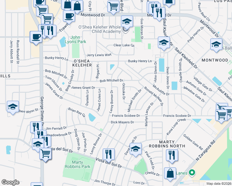 map of restaurants, bars, coffee shops, grocery stores, and more near 1677 Dennis Babjack Drive in El Paso