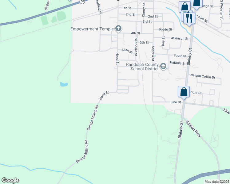map of restaurants, bars, coffee shops, grocery stores, and more near 59 Hood Street in Cuthbert