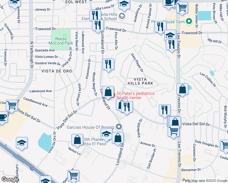 map of restaurants, bars, coffee shops, grocery stores, and more near 1620 Bruce Devlin Drive in El Paso