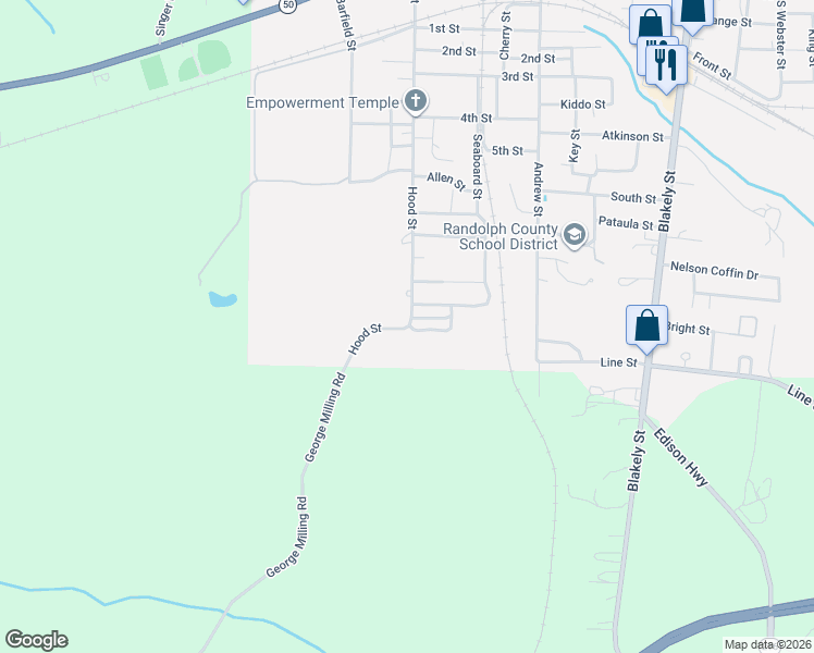 map of restaurants, bars, coffee shops, grocery stores, and more near 59 Hood Street in Cuthbert