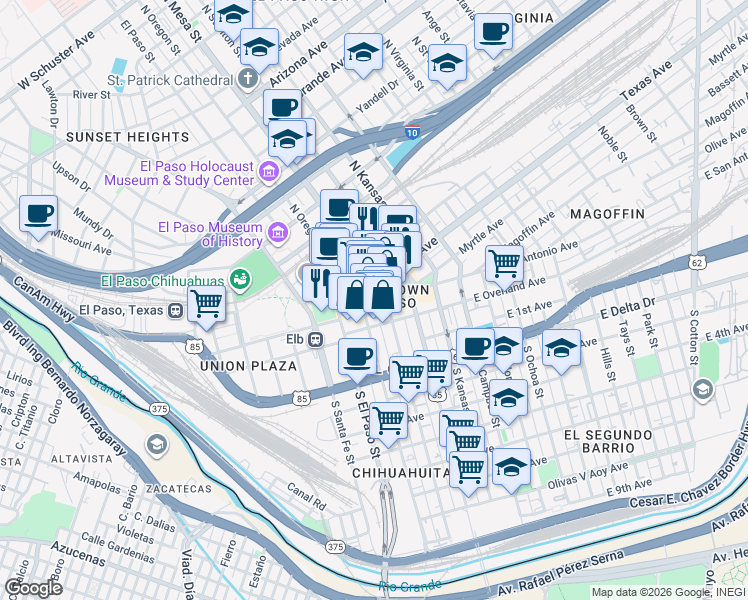 map of restaurants, bars, coffee shops, grocery stores, and more near 215 East San Antonio Avenue in El Paso