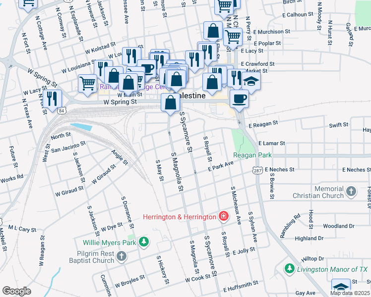 map of restaurants, bars, coffee shops, grocery stores, and more near 425 South Sycamore Street in Palestine