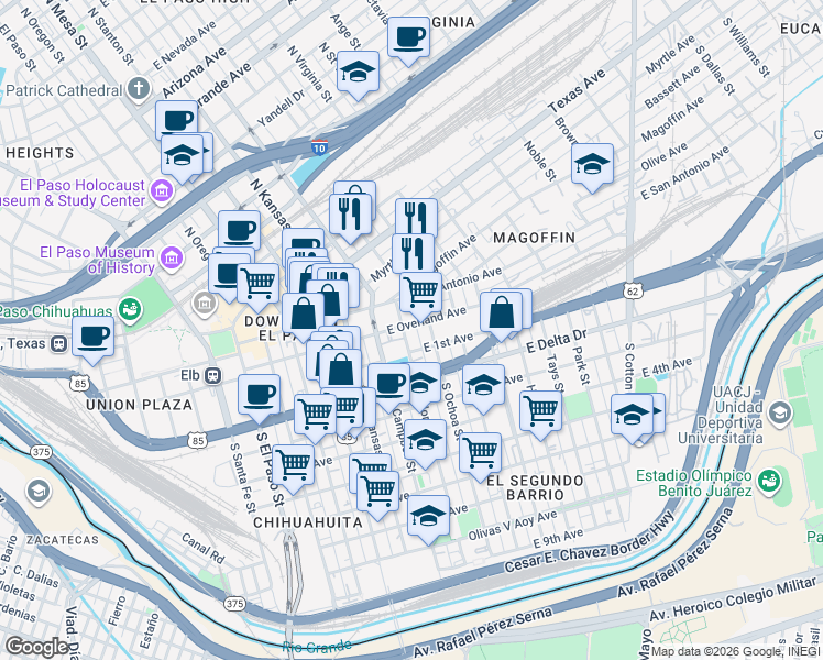 map of restaurants, bars, coffee shops, grocery stores, and more near 700 East Overland Avenue in El Paso