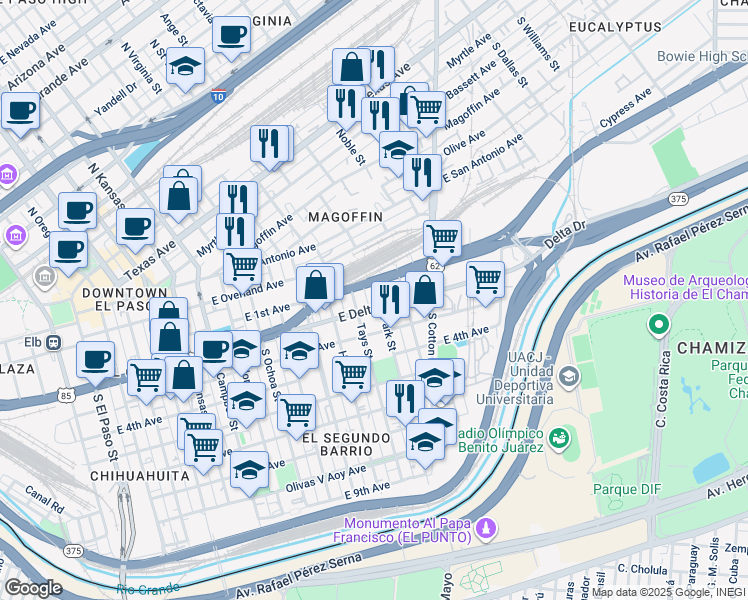 map of restaurants, bars, coffee shops, grocery stores, and more near 319 Park Street in El Paso