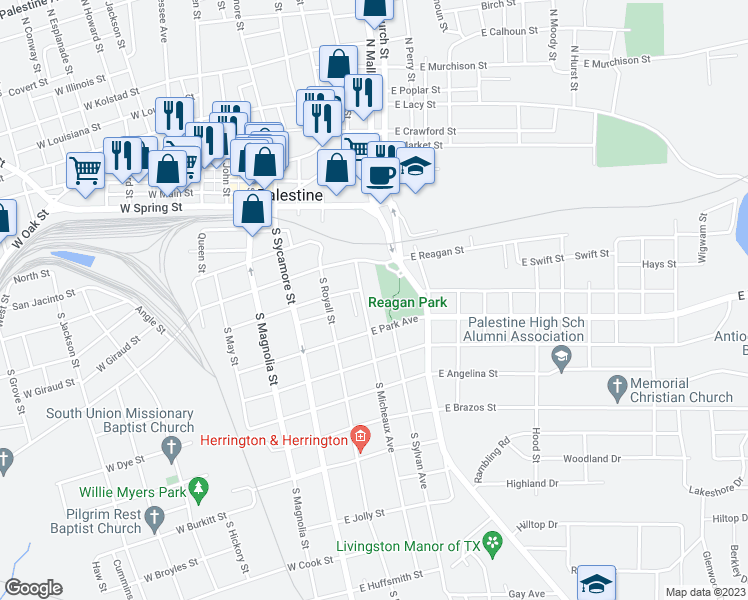 map of restaurants, bars, coffee shops, grocery stores, and more near 400 South Micheaux Avenue in Palestine