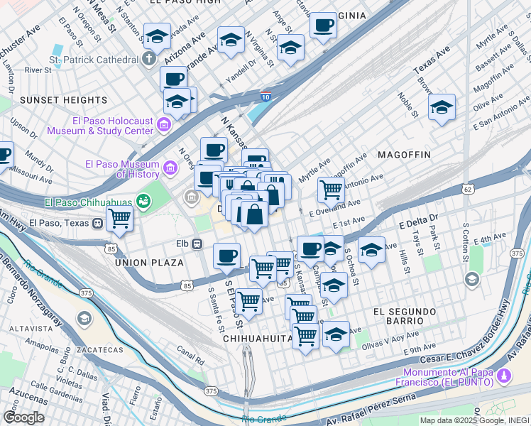 map of restaurants, bars, coffee shops, grocery stores, and more near in El Paso