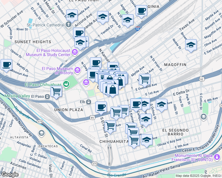 map of restaurants, bars, coffee shops, grocery stores, and more near 102 North Mesa Street in El Paso