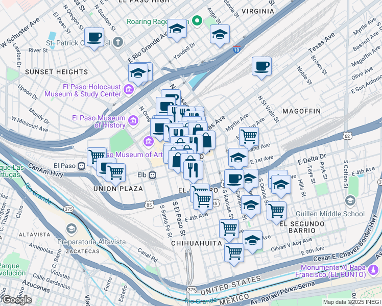map of restaurants, bars, coffee shops, grocery stores, and more near 102 North Mesa Street in El Paso