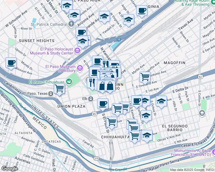 map of restaurants, bars, coffee shops, grocery stores, and more near 215 East San Antonio Avenue in El Paso