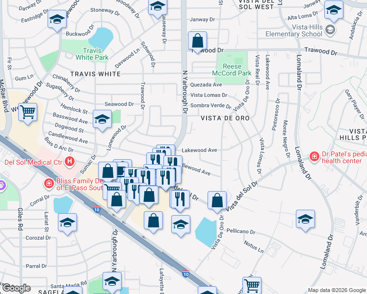 map of restaurants, bars, coffee shops, grocery stores, and more near 10612 Lakewood Avenue in El Paso