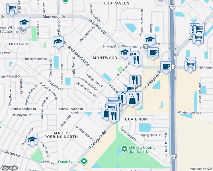 map of restaurants, bars, coffee shops, grocery stores, and more near 12100 Village Gate Drive in El Paso