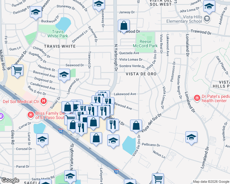 map of restaurants, bars, coffee shops, grocery stores, and more near 10612 Lakewood Avenue in El Paso