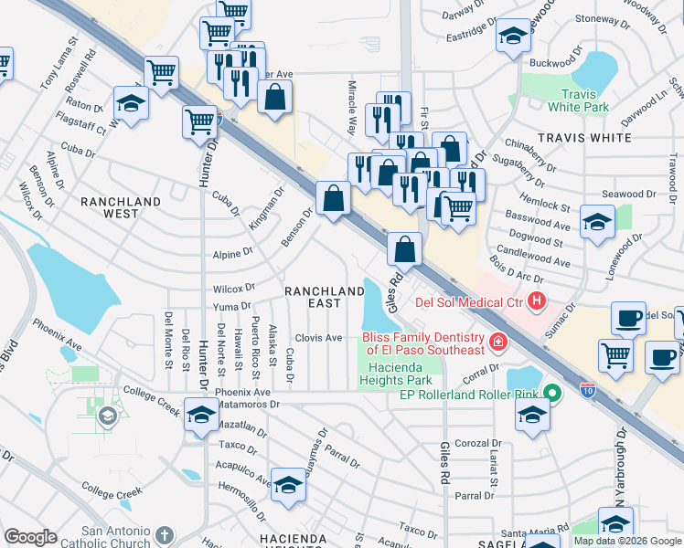 map of restaurants, bars, coffee shops, grocery stores, and more near 1205 Prescott Drive in El Paso