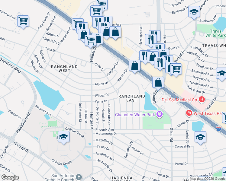 map of restaurants, bars, coffee shops, grocery stores, and more near 1207 Cuba Drive in El Paso