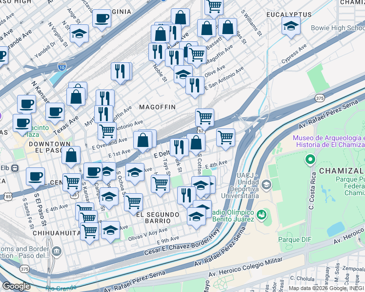 map of restaurants, bars, coffee shops, grocery stores, and more near 406 Nino Aguilera Street in El Paso