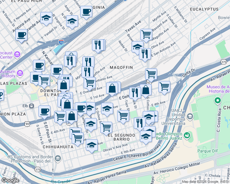 map of restaurants, bars, coffee shops, grocery stores, and more near in El Paso