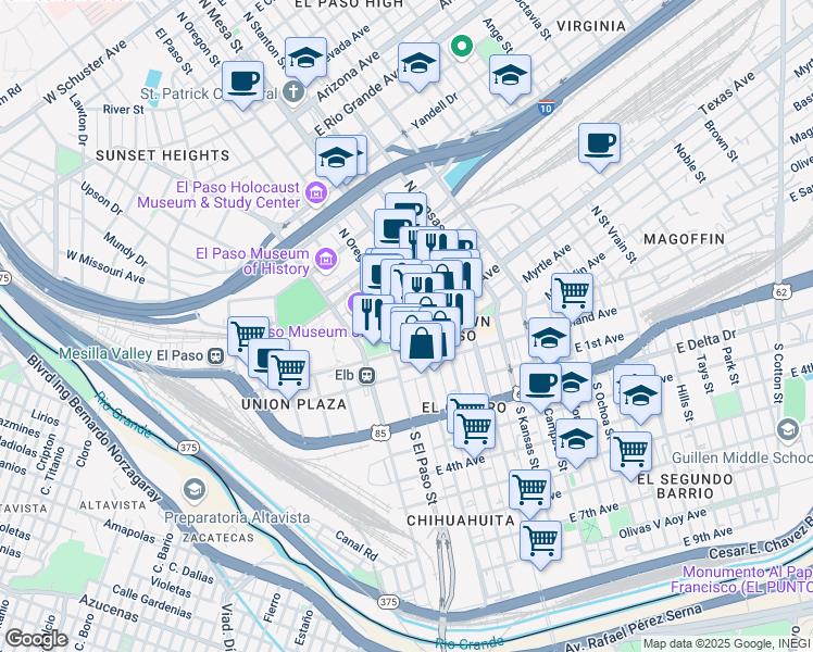 map of restaurants, bars, coffee shops, grocery stores, and more near 109 North Oregon Street in El Paso
