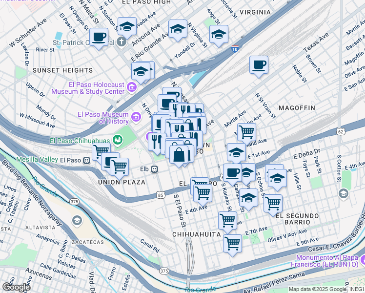 map of restaurants, bars, coffee shops, grocery stores, and more near 118 East San Antonio Avenue in El Paso