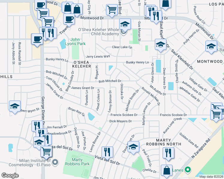 map of restaurants, bars, coffee shops, grocery stores, and more near 1696 Leroy Bonse Drive in El Paso