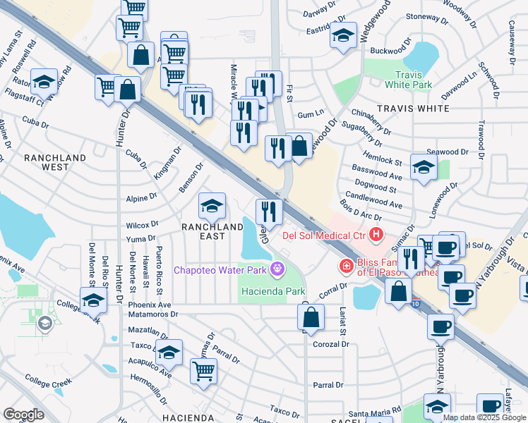 map of restaurants, bars, coffee shops, grocery stores, and more near 7800 Gateway Boulevard East in El Paso