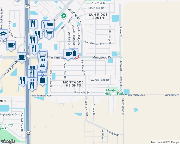 map of restaurants, bars, coffee shops, grocery stores, and more near 1815 Wendy Reed Drive in El Paso