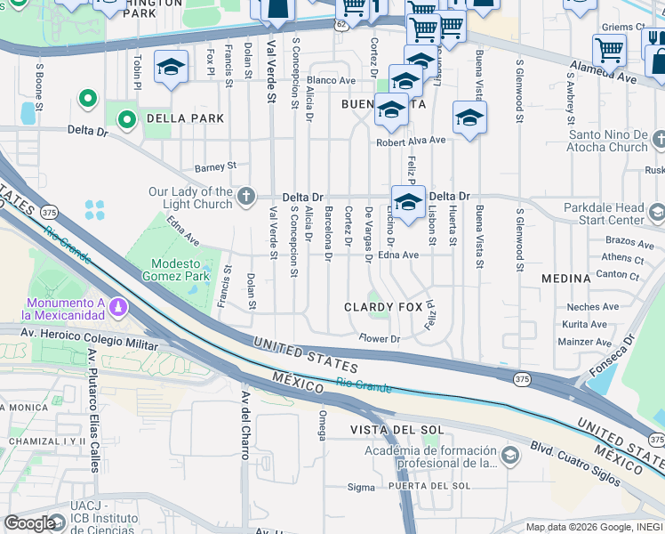 map of restaurants, bars, coffee shops, grocery stores, and more near 620 Barcelona Drive in El Paso