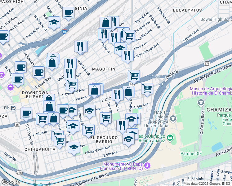 map of restaurants, bars, coffee shops, grocery stores, and more near 401 Park Street in El Paso