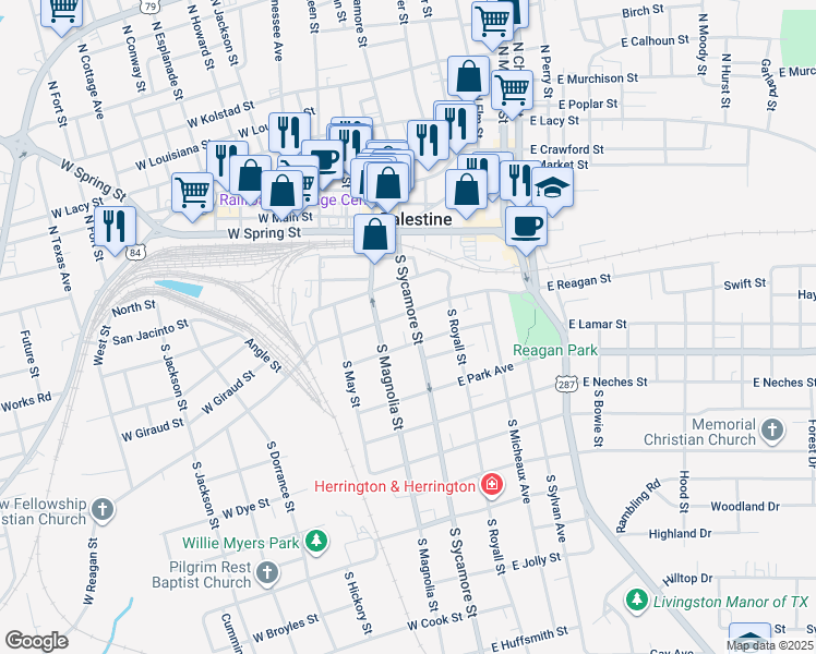 map of restaurants, bars, coffee shops, grocery stores, and more near 425 South Sycamore Street in Palestine