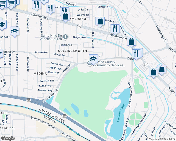 map of restaurants, bars, coffee shops, grocery stores, and more near 6314 Delta Drive in El Paso
