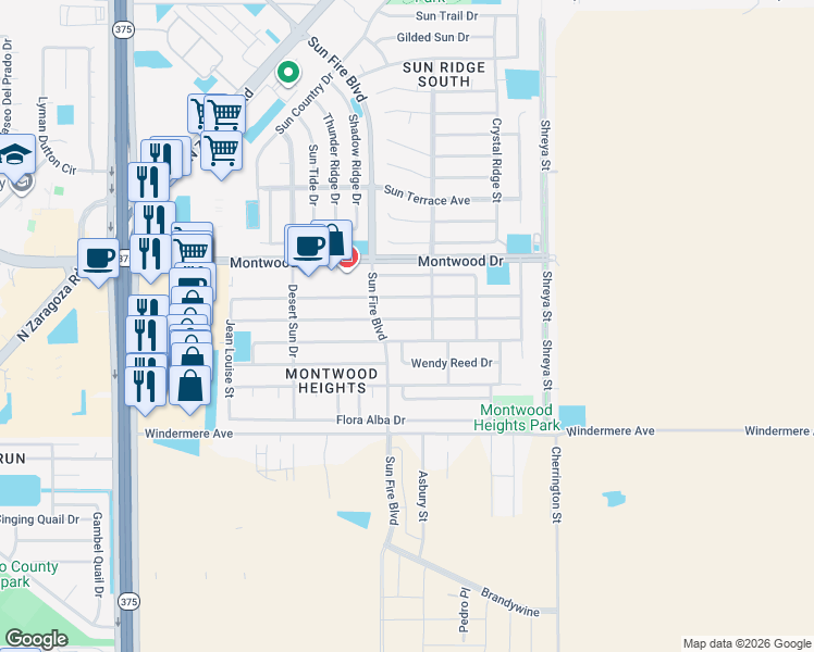 map of restaurants, bars, coffee shops, grocery stores, and more near 1815 Wendy Reed Drive in El Paso