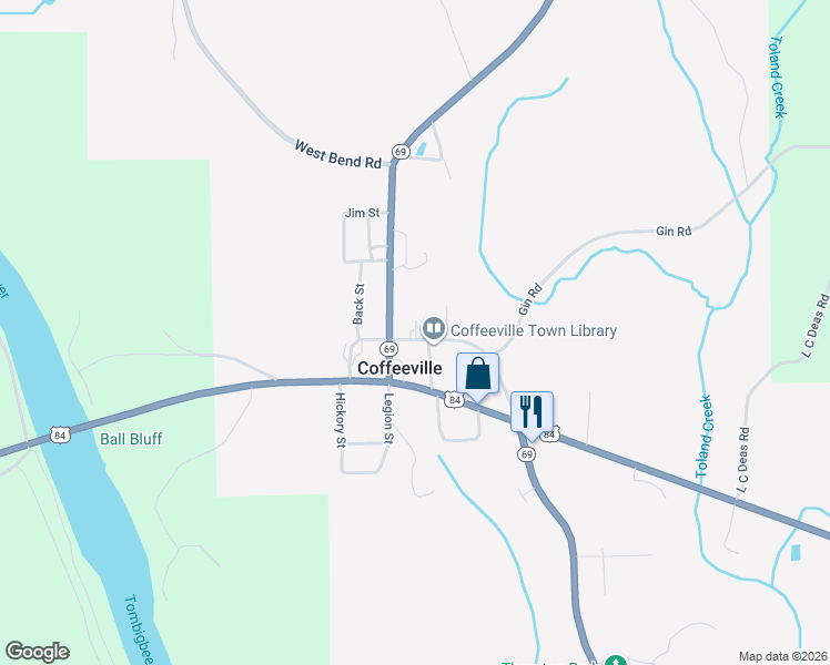 map of restaurants, bars, coffee shops, grocery stores, and more near 57 River Street in Coffeeville