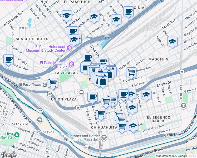 map of restaurants, bars, coffee shops, grocery stores, and more near in El Paso