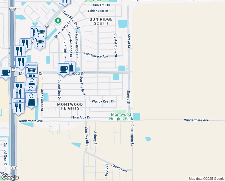 map of restaurants, bars, coffee shops, grocery stores, and more near 12560 Robert David Drive in El Paso