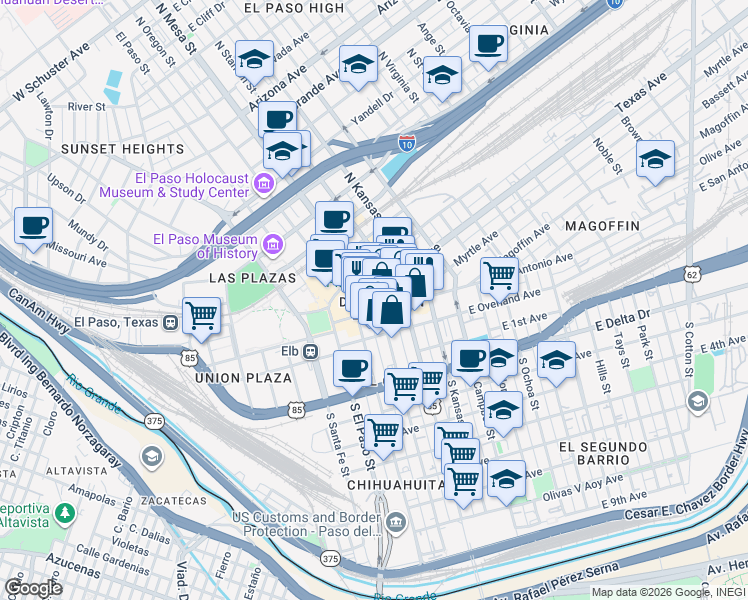 map of restaurants, bars, coffee shops, grocery stores, and more near in El Paso
