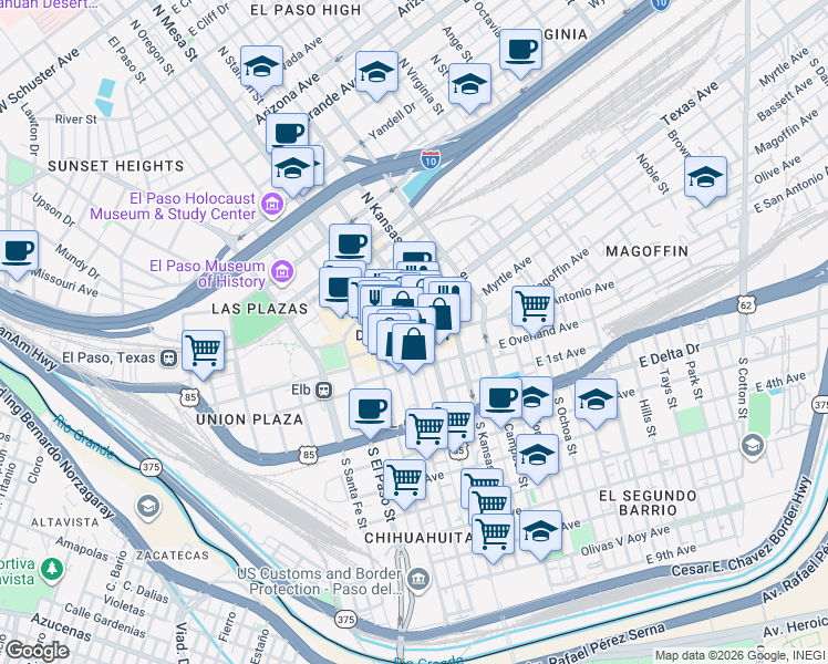 map of restaurants, bars, coffee shops, grocery stores, and more near in El Paso