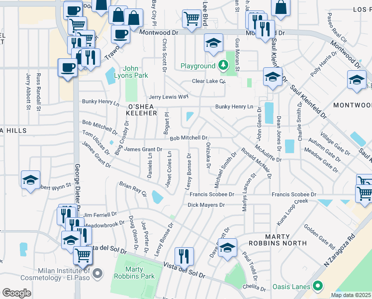 map of restaurants, bars, coffee shops, grocery stores, and more near 1701 Leroy Bonse Drive in El Paso