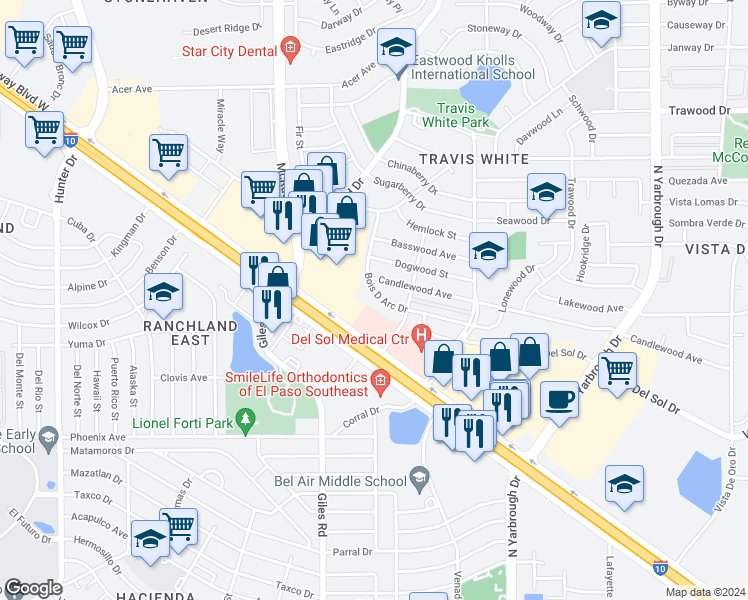 map of restaurants, bars, coffee shops, grocery stores, and more near 7808 Bois D Arc Drive in El Paso
